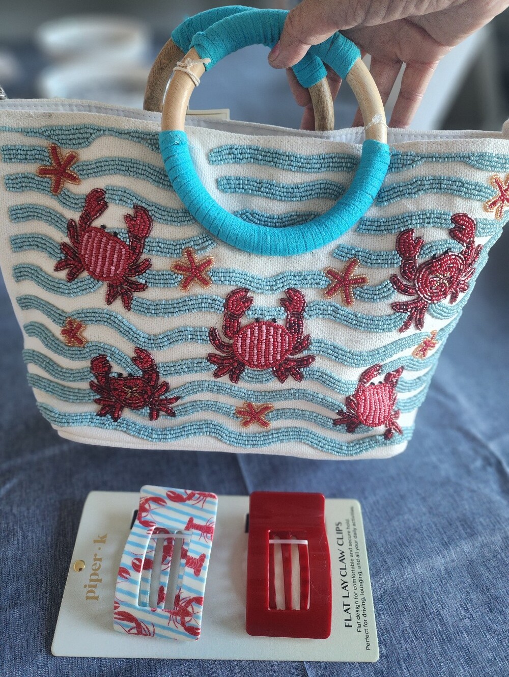 Sol And Mer Beaded Red Crab Stripe Tote Bag with Wrapped Wood Handles NWT